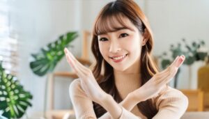 室内でベージュのトップスを着て腕をクロスしてNGサインを示す人