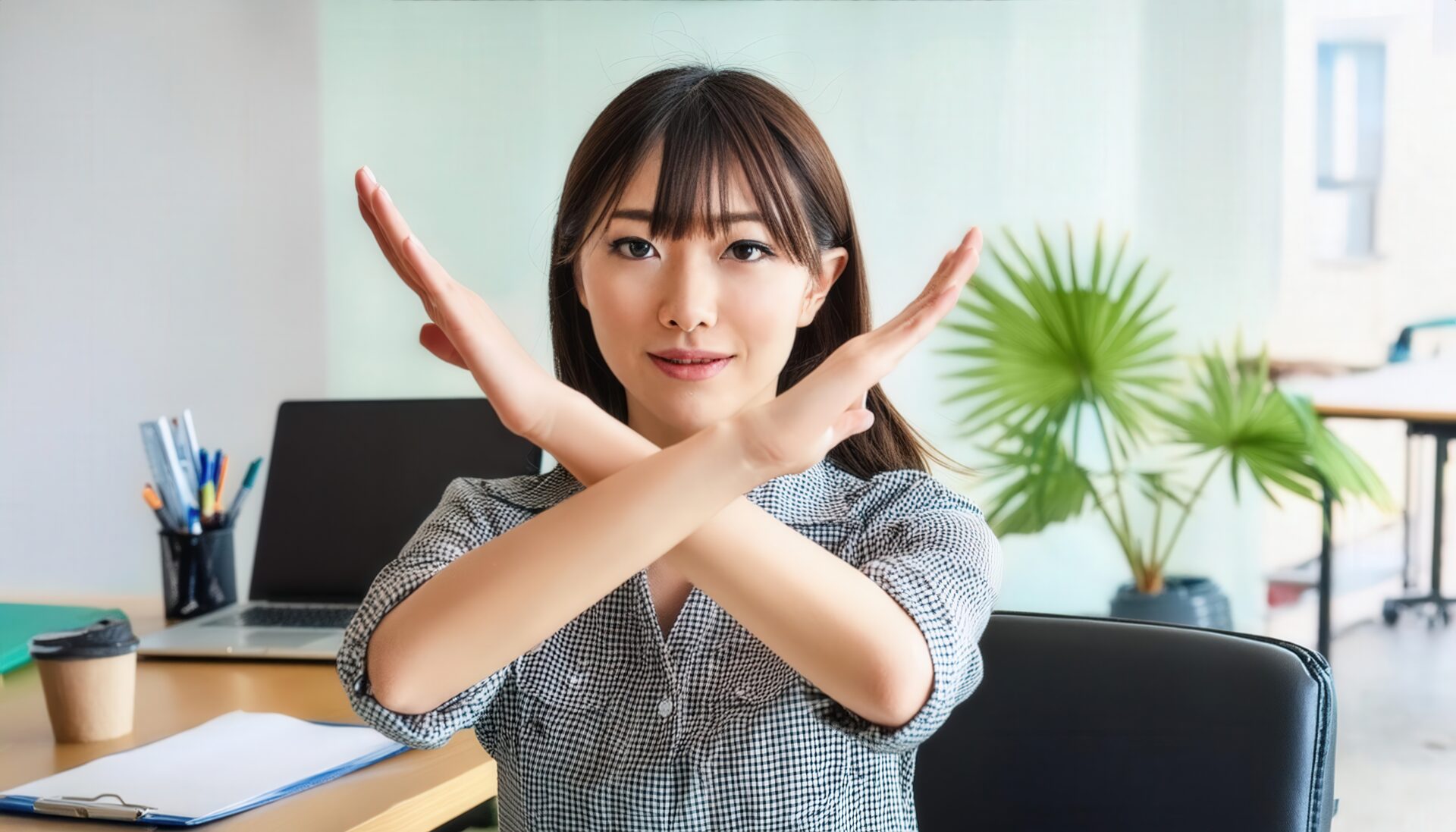 オフィスでギンガムチェックの服を着て腕をクロスしてNGサインを示す人