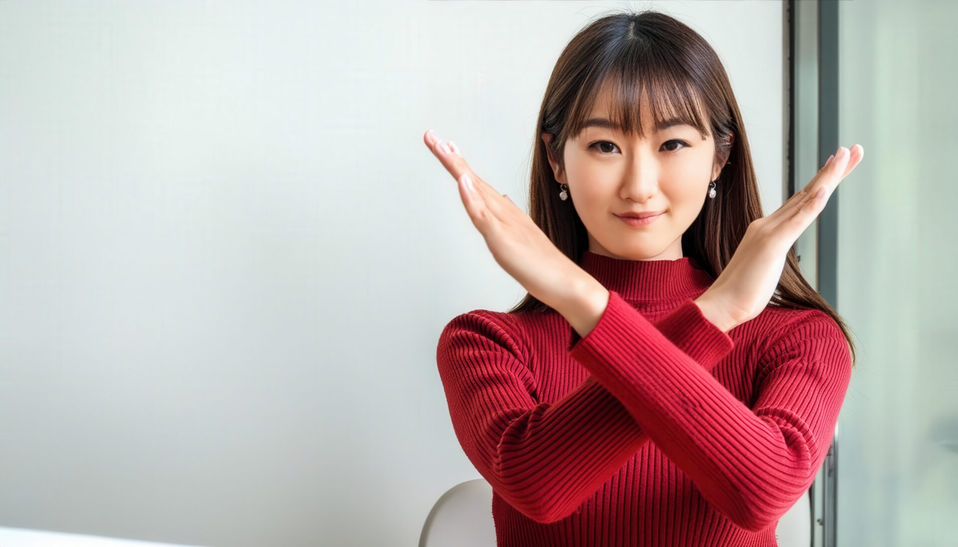 室内で赤いトップスを着て腕をクロスしてNGサインを示す人