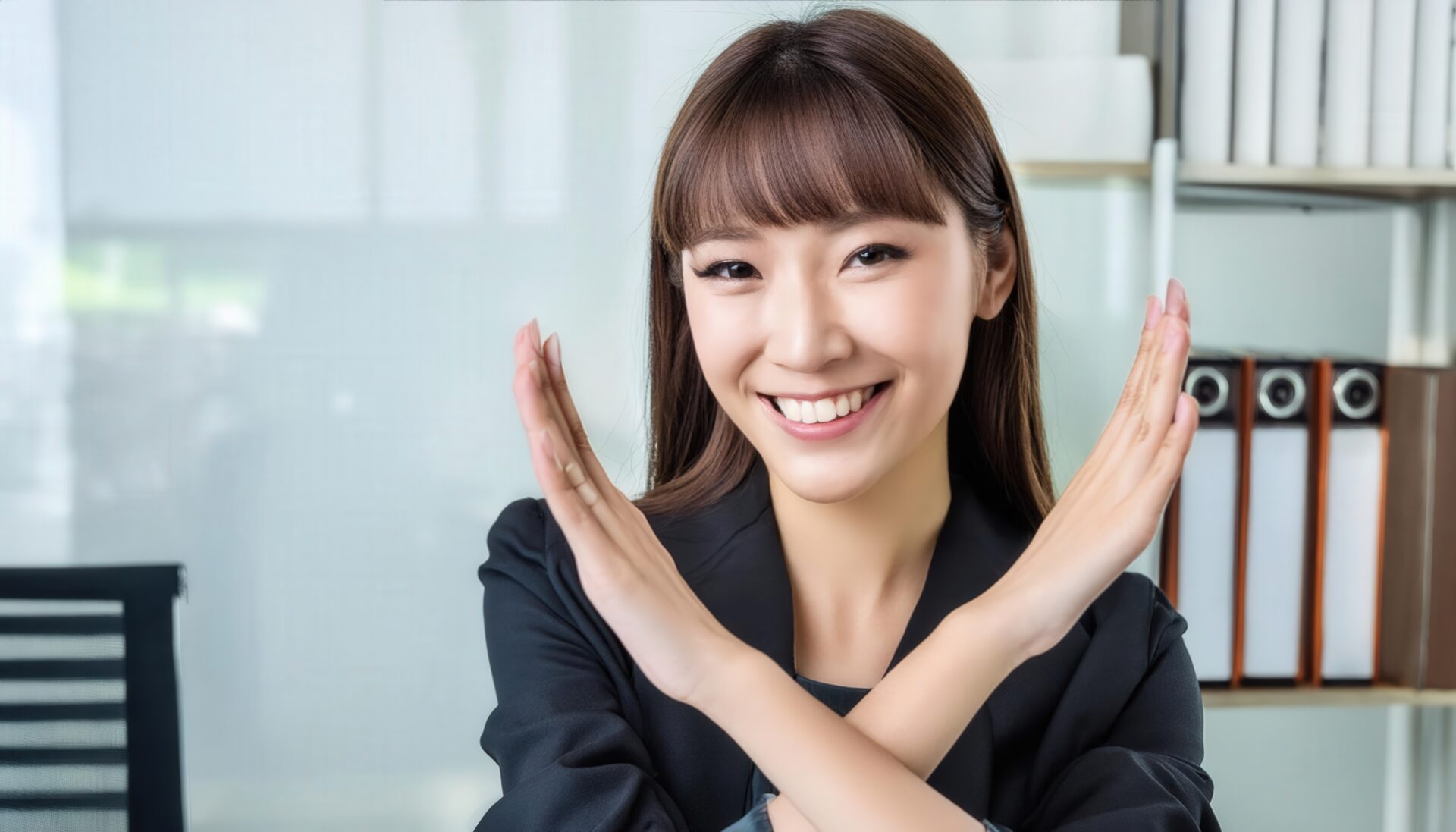 オフィスで黒いスーツを着て腕をクロスしてNGサインを示す人