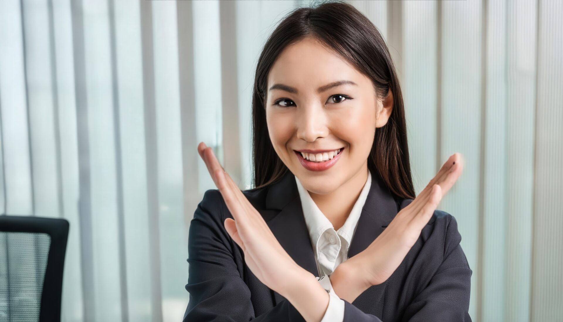 オフィスでダークカラーのスーツを着て腕をクロスしてNGサインを示す人