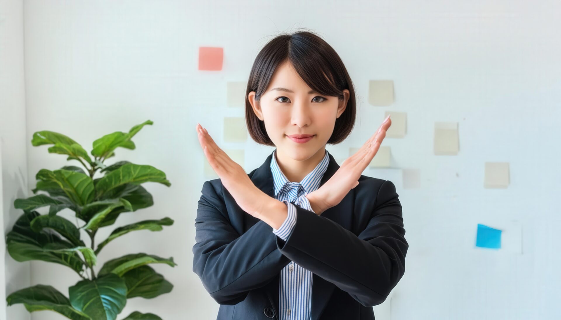 オフィスでスーツを着て腕をクロスしてNGサインを示す人