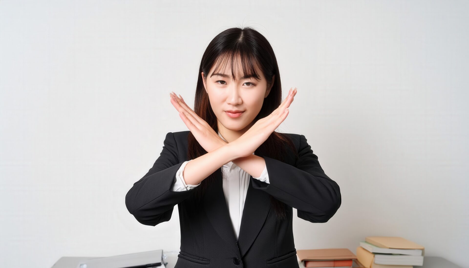 オフィスで黒いスーツを着て腕をクロスしてNGサインを示す人