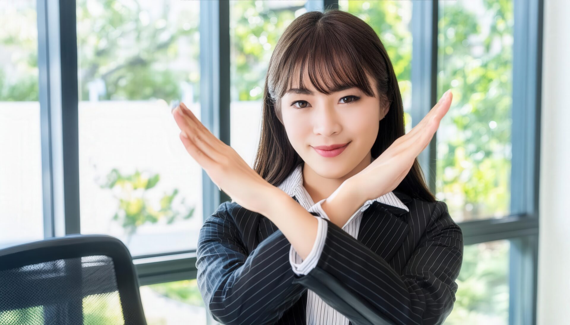 オフィスでストライプスーツを着て腕をクロスしてNGサインを示す人