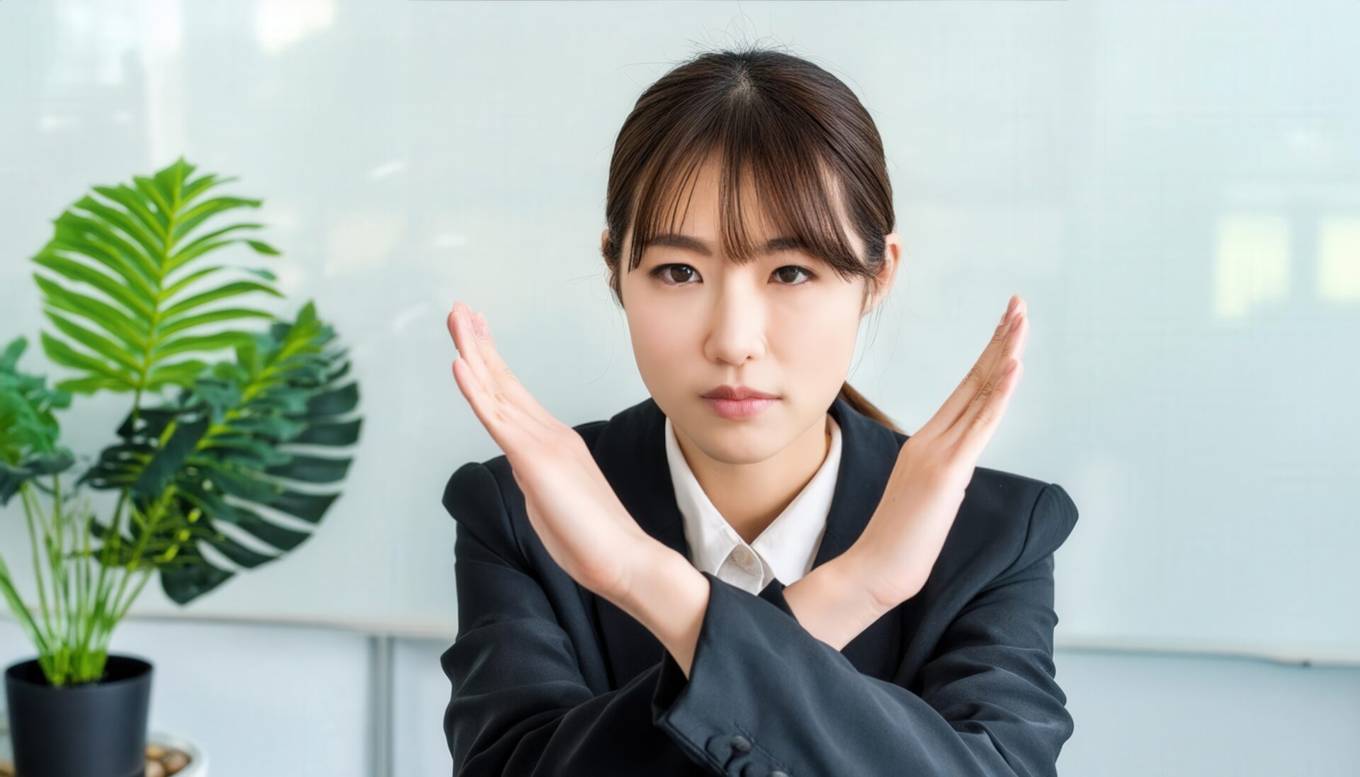 オフィスで黒いスーツを着て腕をクロスしてNGサインを示す人