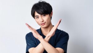 白背景でネイビーのトップスを着て腕をクロスしてNGサインを示す人