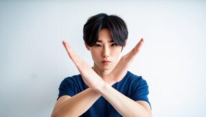 白背景で青いTシャツを着て腕をクロスしてNGサインを示す人