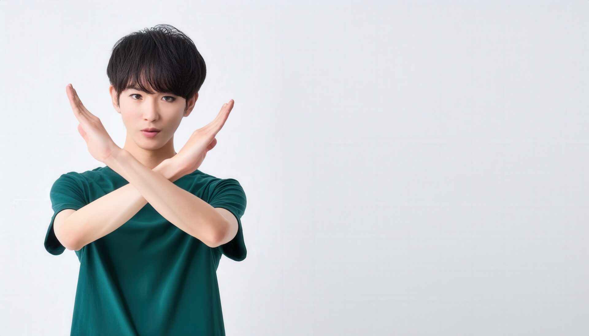 白背景でグリーンのTシャツを着て腕をクロスしてNGサインを示す人