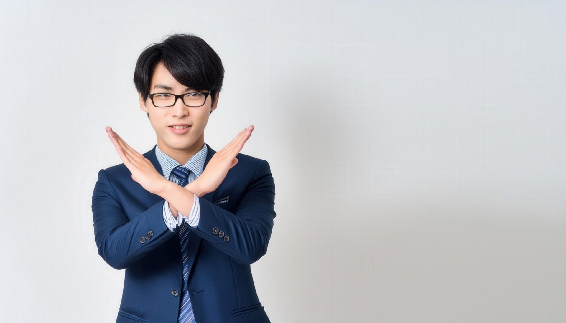 白背景で青いスーツを着て腕をクロスしてNGサインを示す人