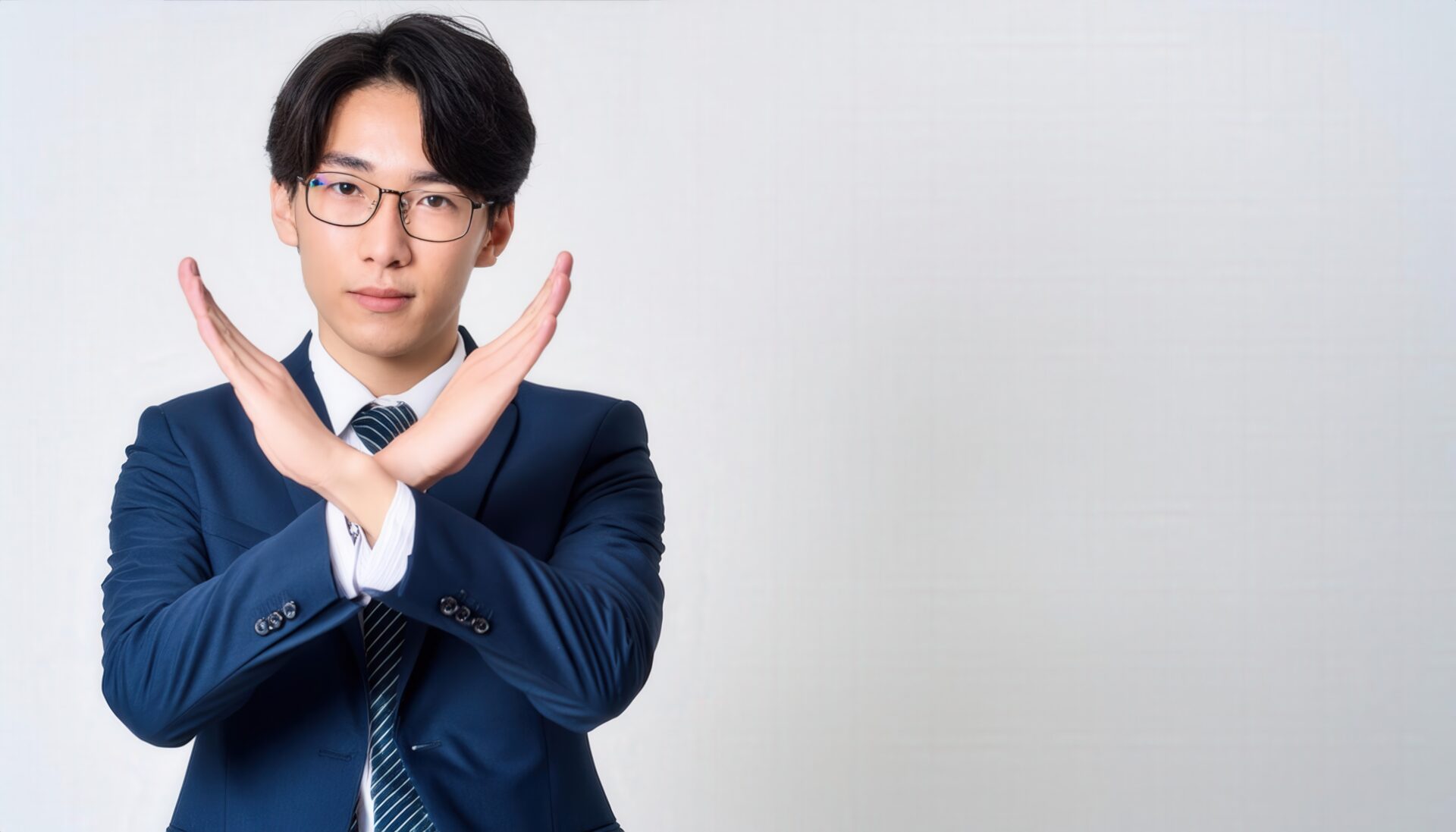 白背景でネイビーのスーツを着て腕をクロスしてNGサインを示す人
