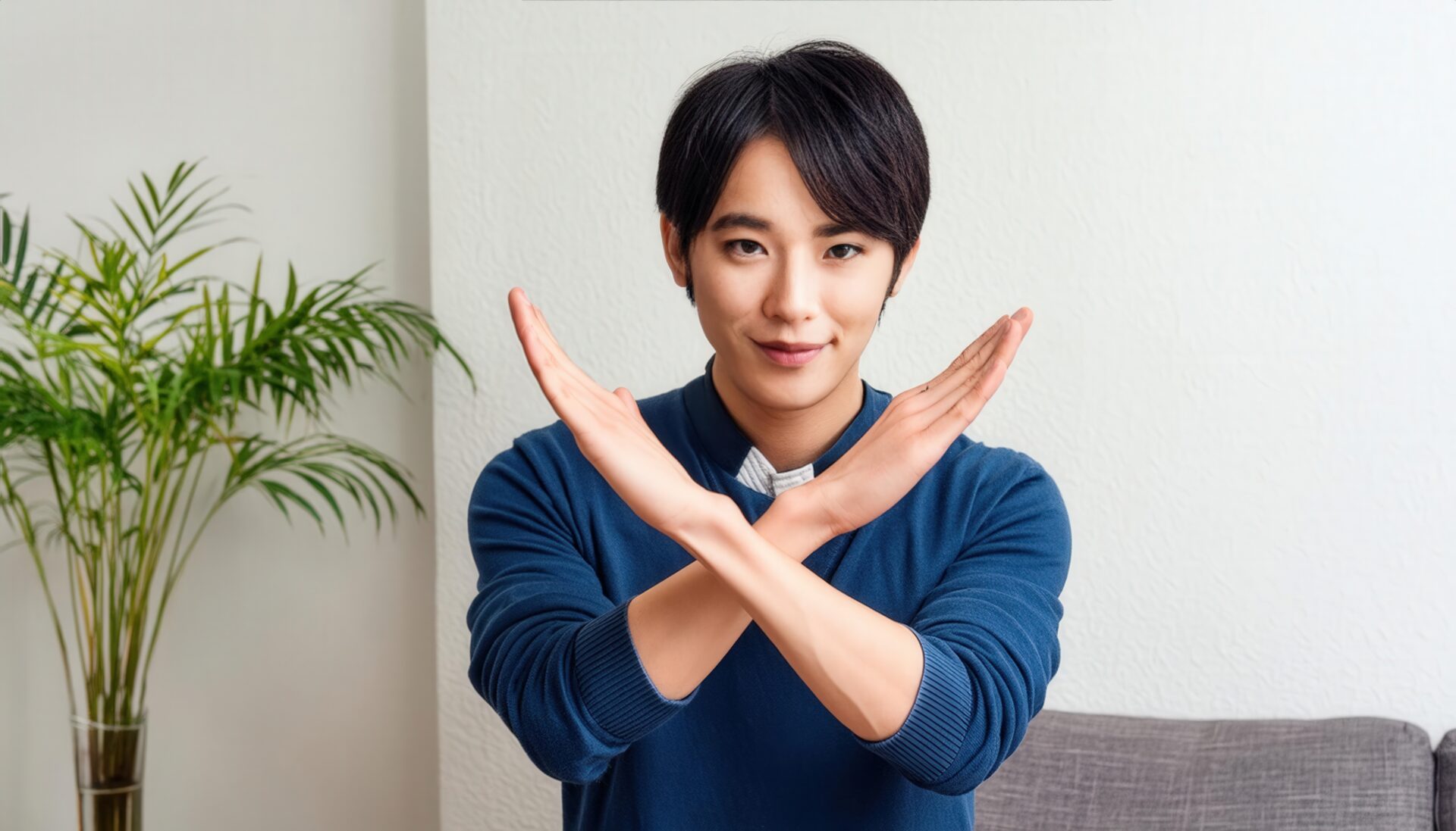 室内で青いトップスを着て腕をクロスしてNGサインを示す人