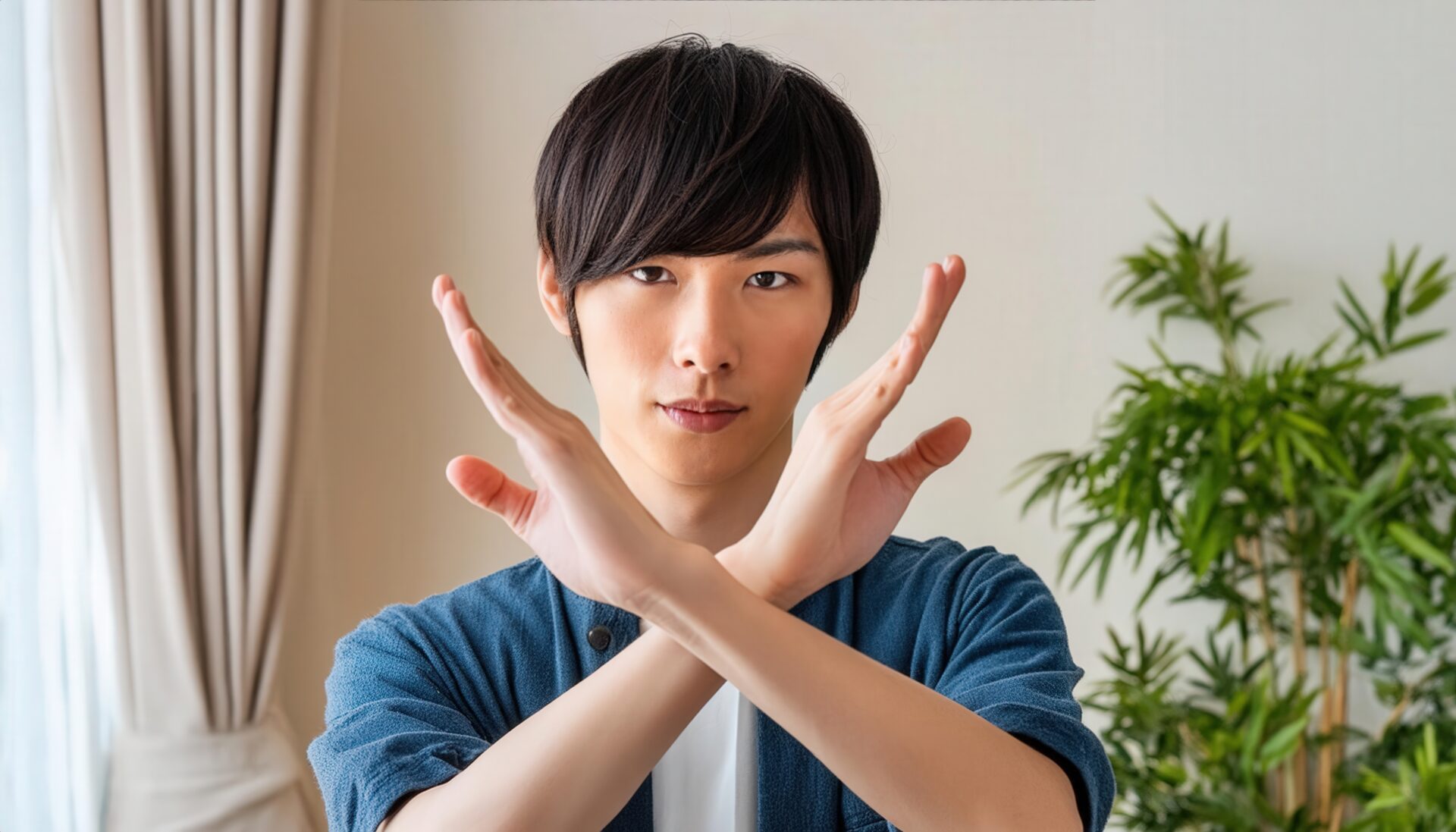 室内で青い羽織を着て腕をクロスしてNGサインを示す人