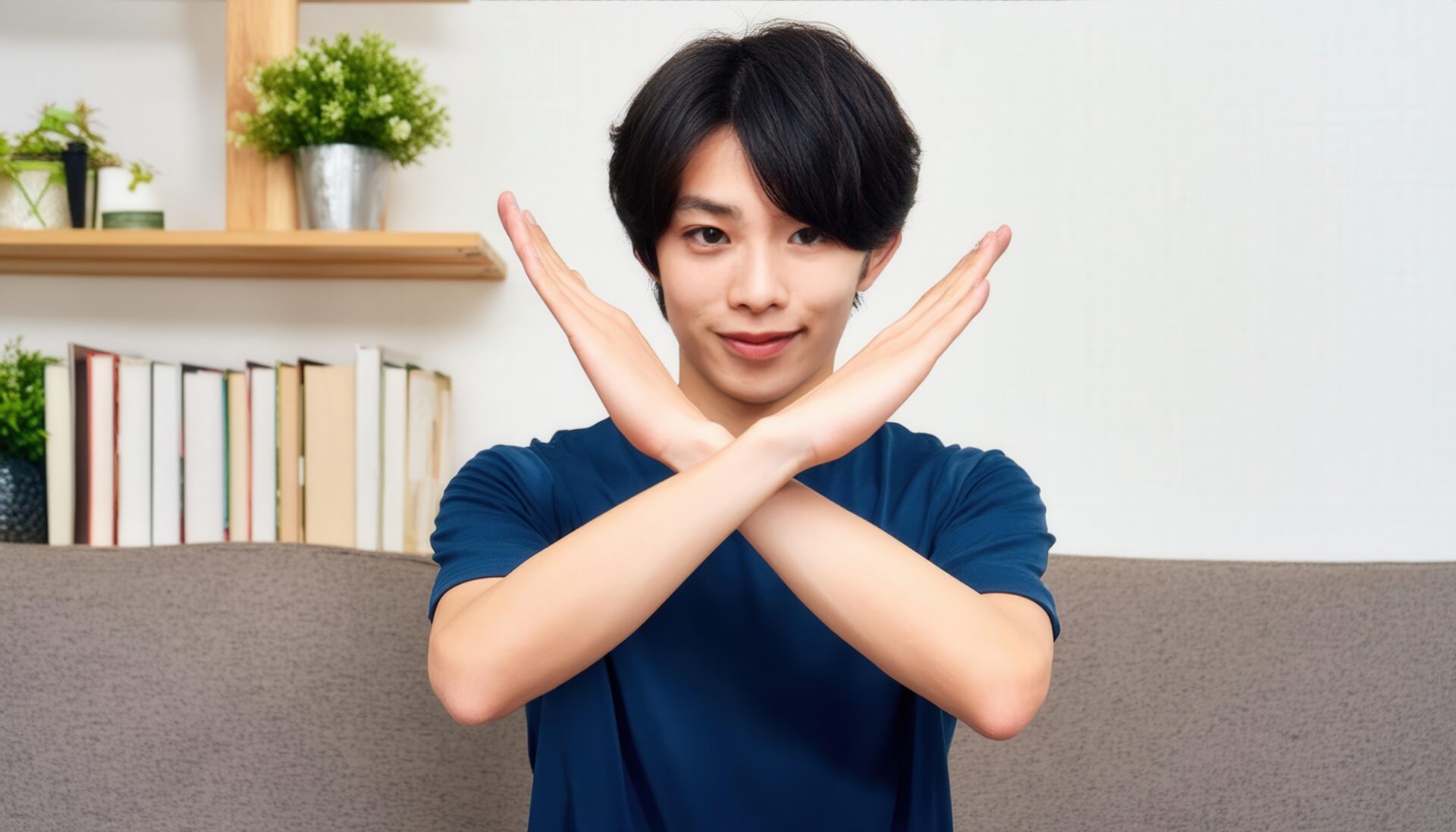 棚の前で腕をクロスしている若い人