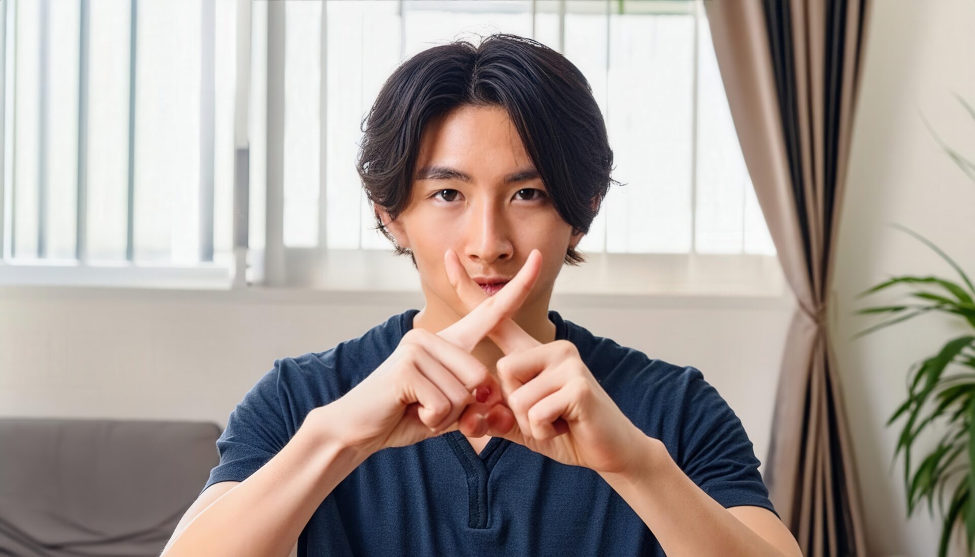 人差し指でバツ印を作っている若い人