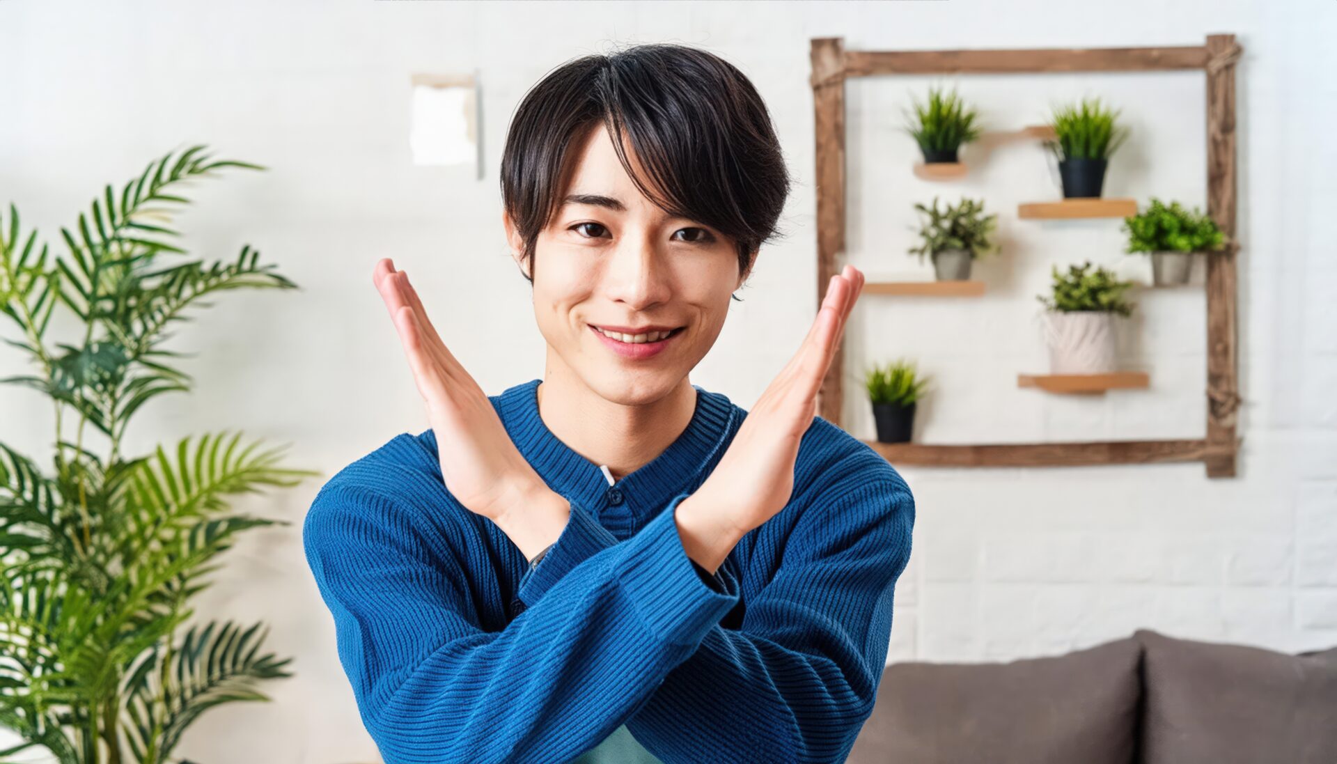 観葉植物のある室内で腕をクロスしている若い人