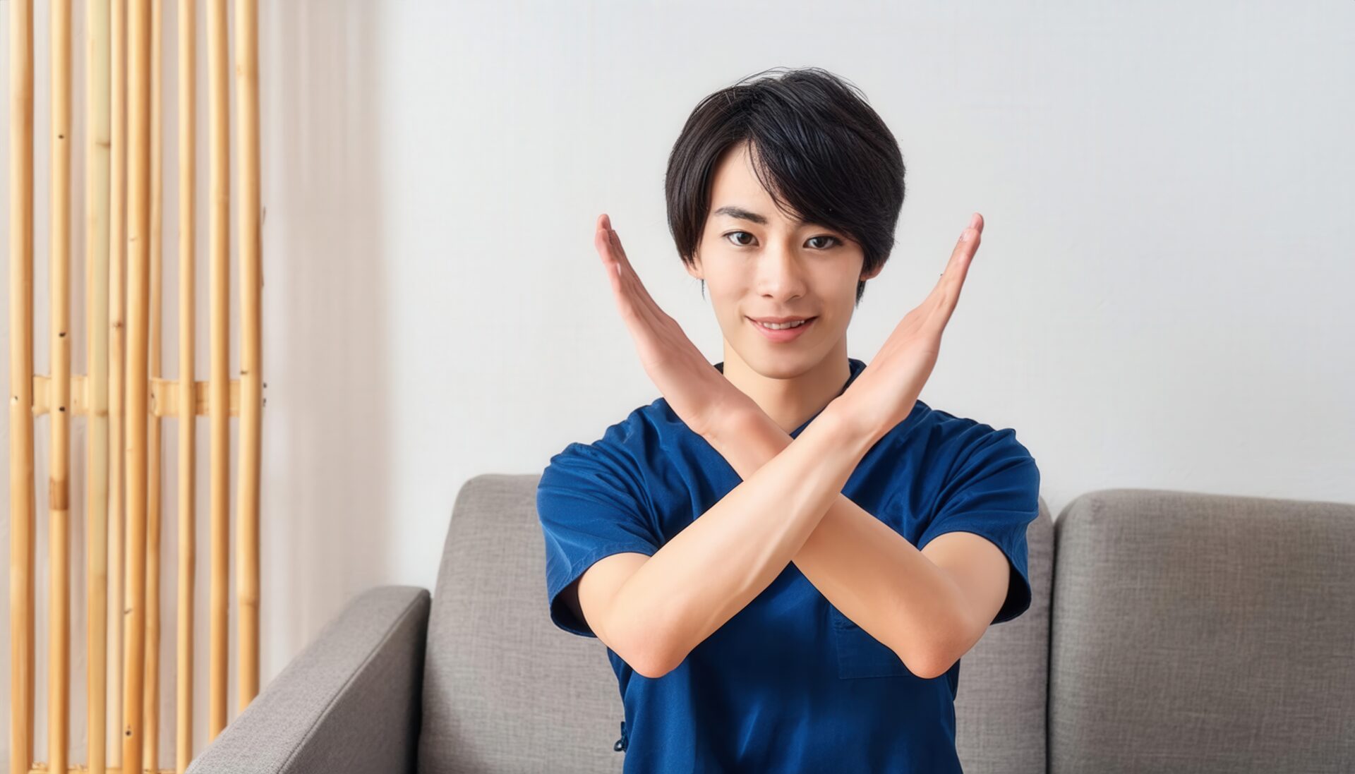 グレーのソファの前で腕をクロスしている若い人