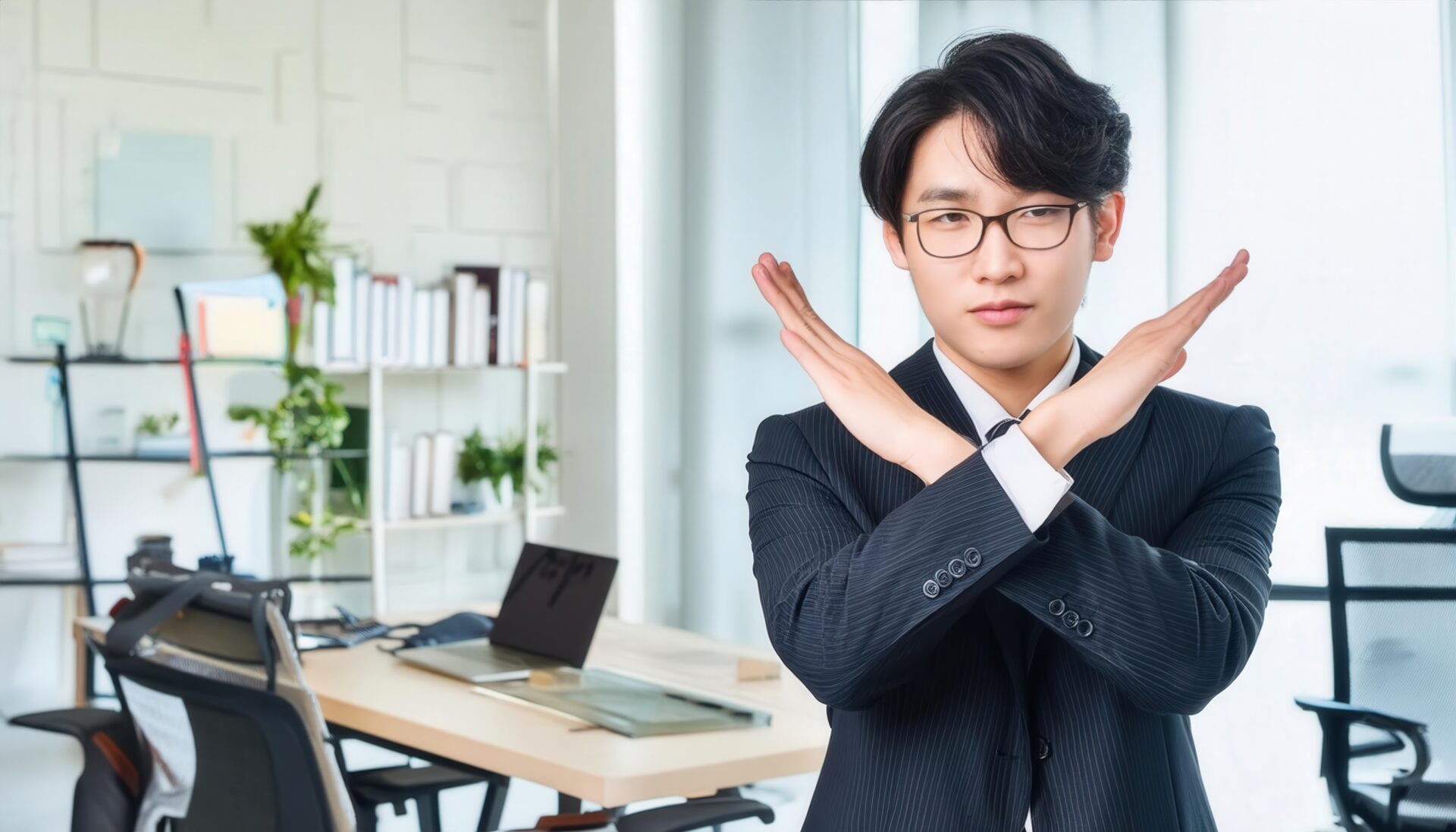 オフィスで腕をクロスしているスーツ姿の若い人