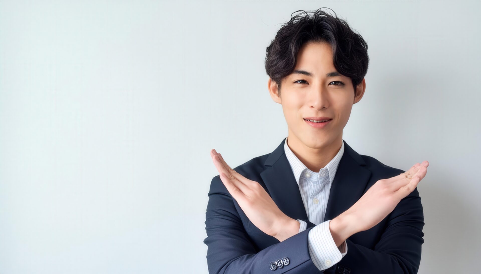 白い壁の前で腕をクロスしているスーツ姿の若い人