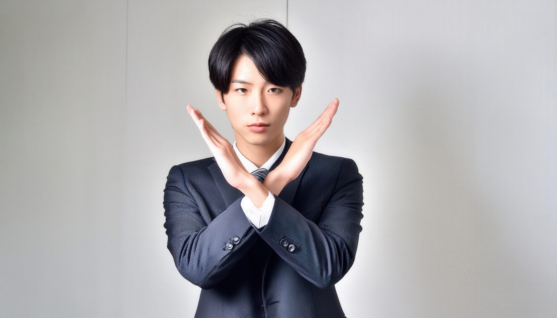 グレーの壁の前で腕をクロスしているスーツ姿の若い人