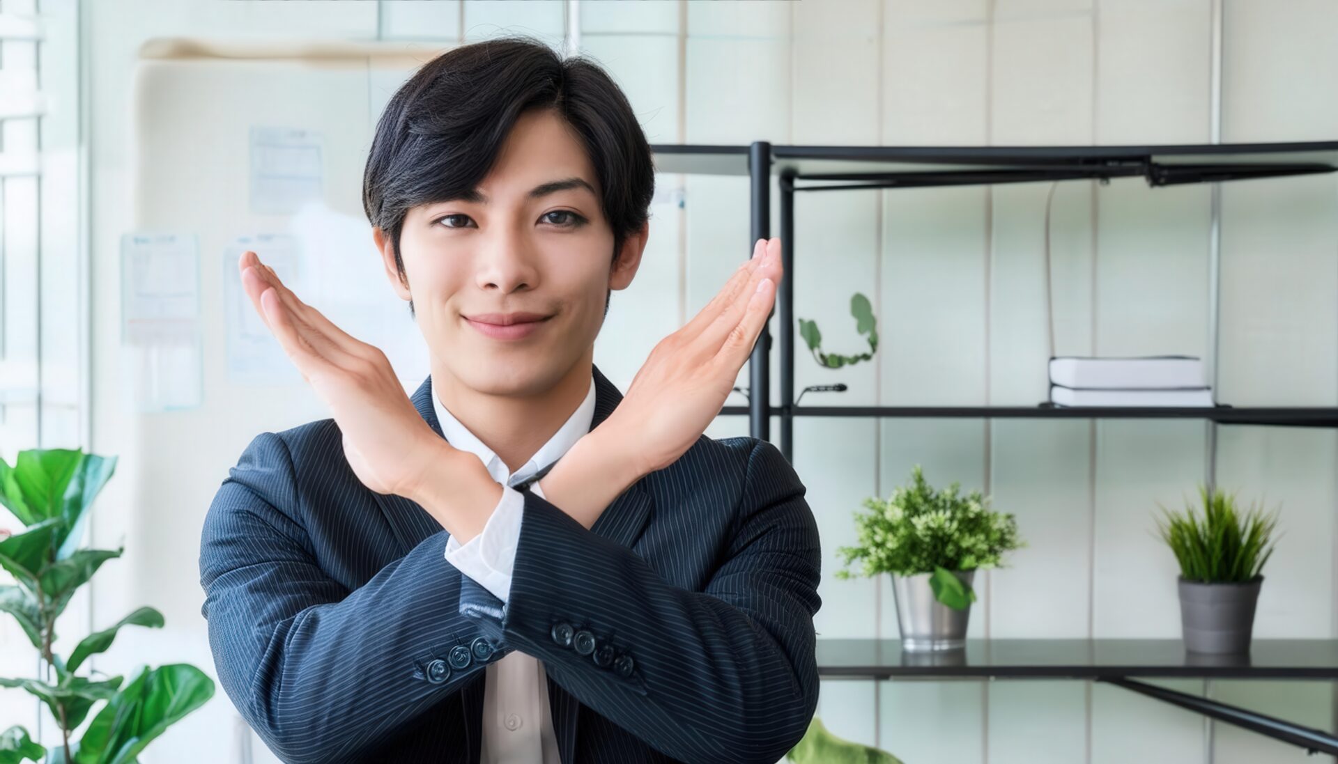 オフィスの棚の前で腕をクロスしているスーツ姿の若い人