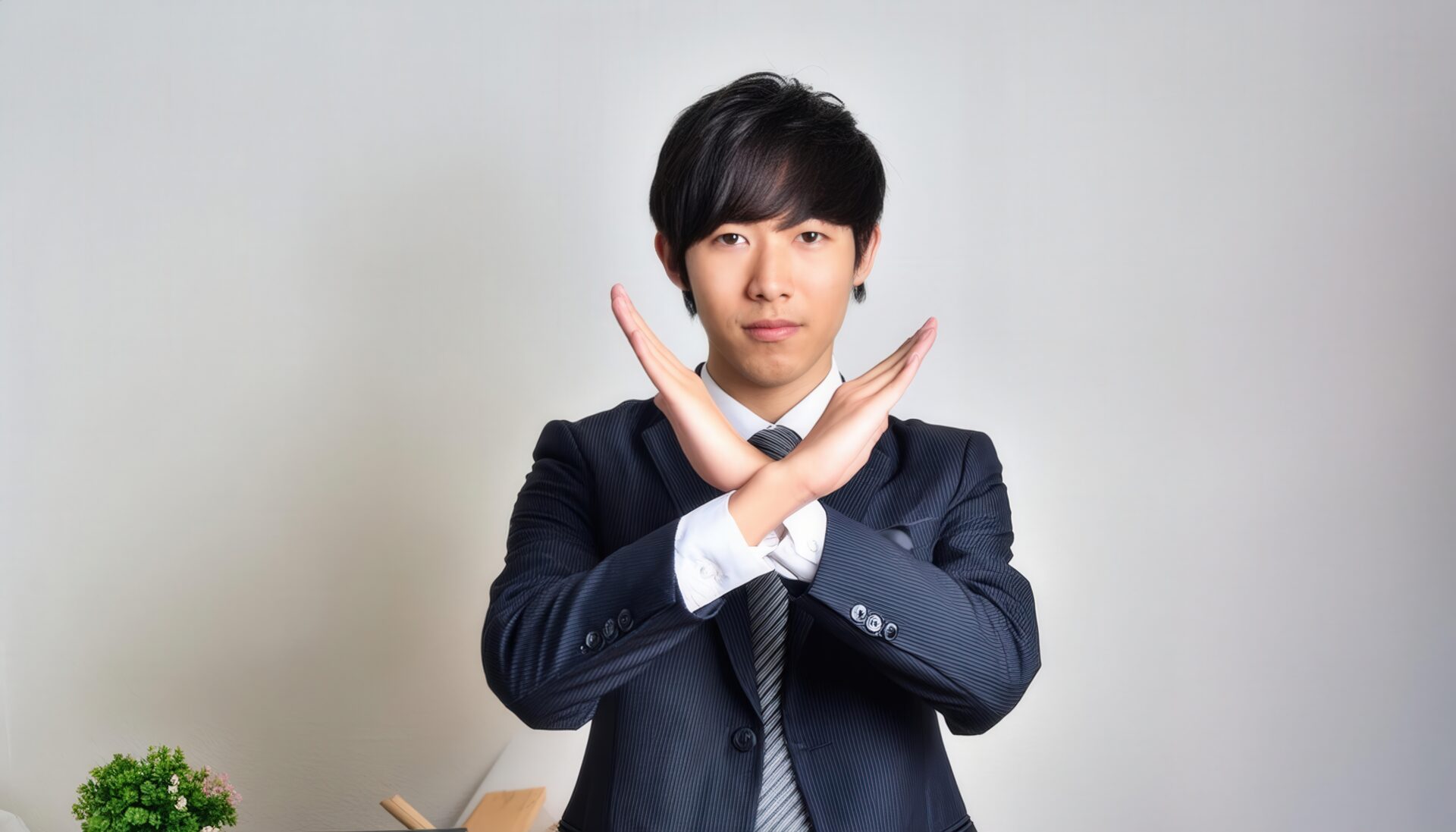 デスクの前で腕をクロスしているスーツ姿の若い人