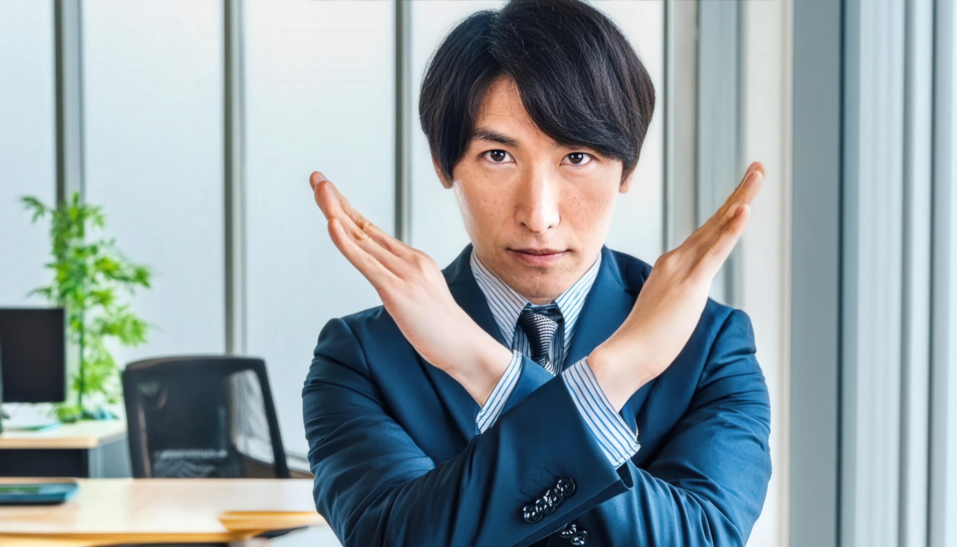 ガラス張りのオフィスで腕をクロスしているスーツ姿の若い人