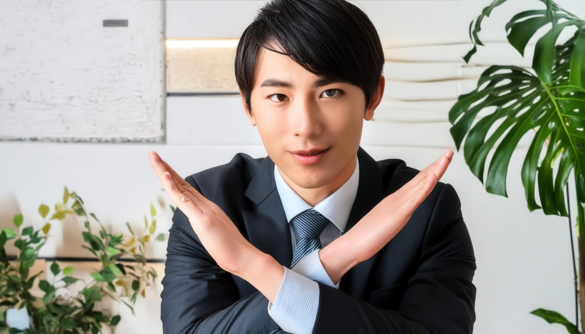 緑の観葉植物の前で腕をクロスしているスーツ姿の若い人