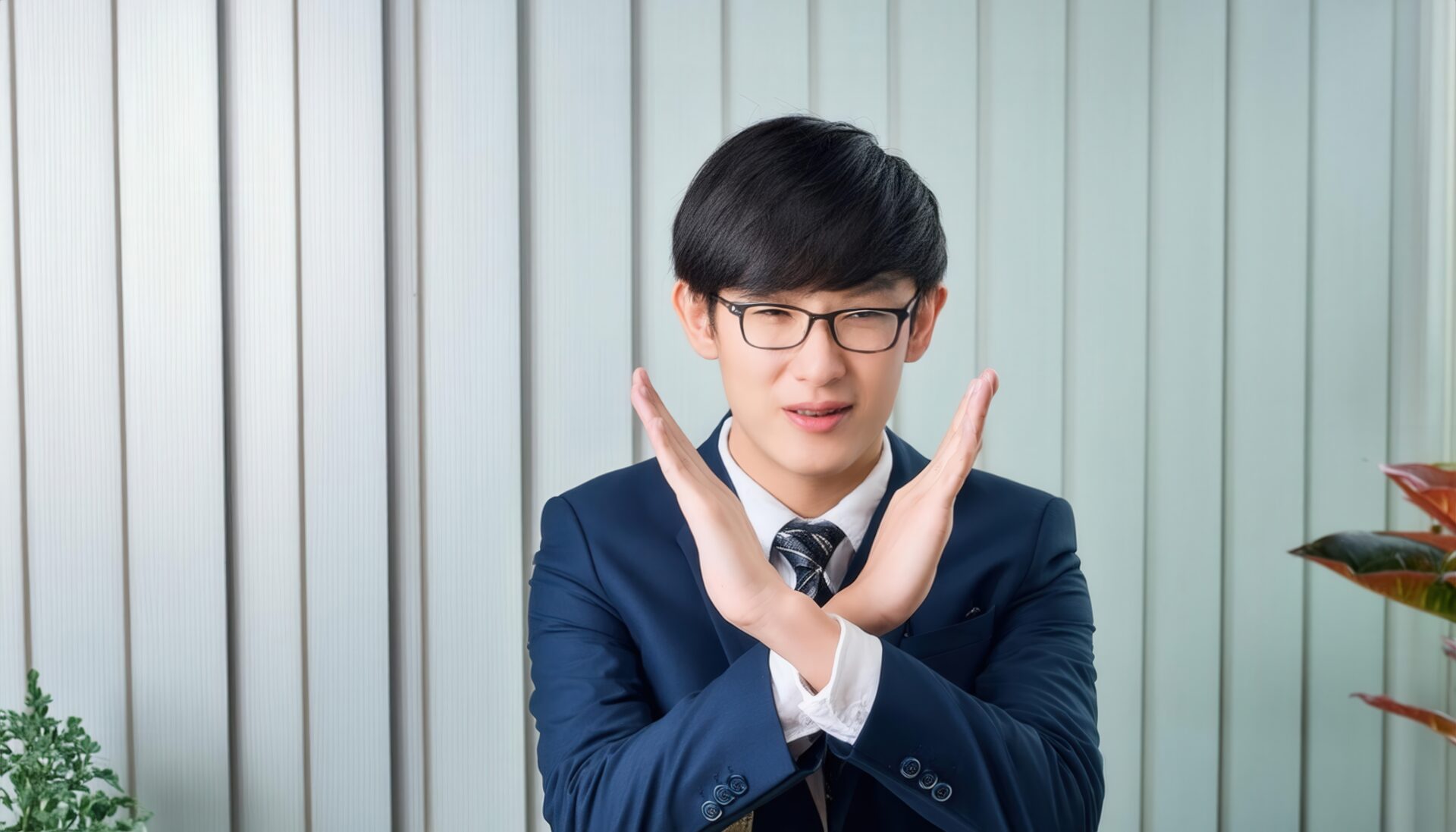 ブラインドのある室内で腕をクロスしているスーツ姿の若い人