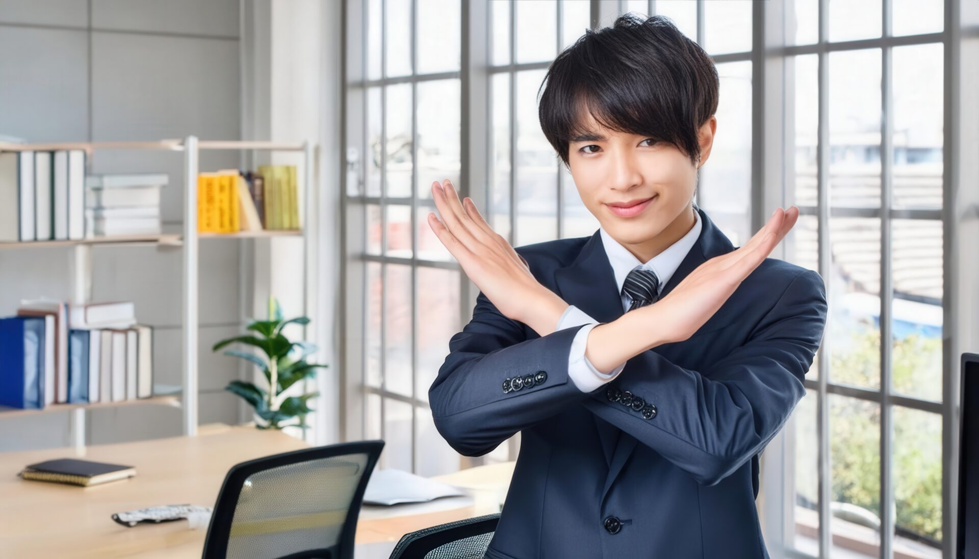 オフィスの書棚の前で腕をクロスしているスーツ姿の若い人