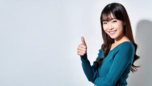 緑のセーターでグッドサインをしている若い人