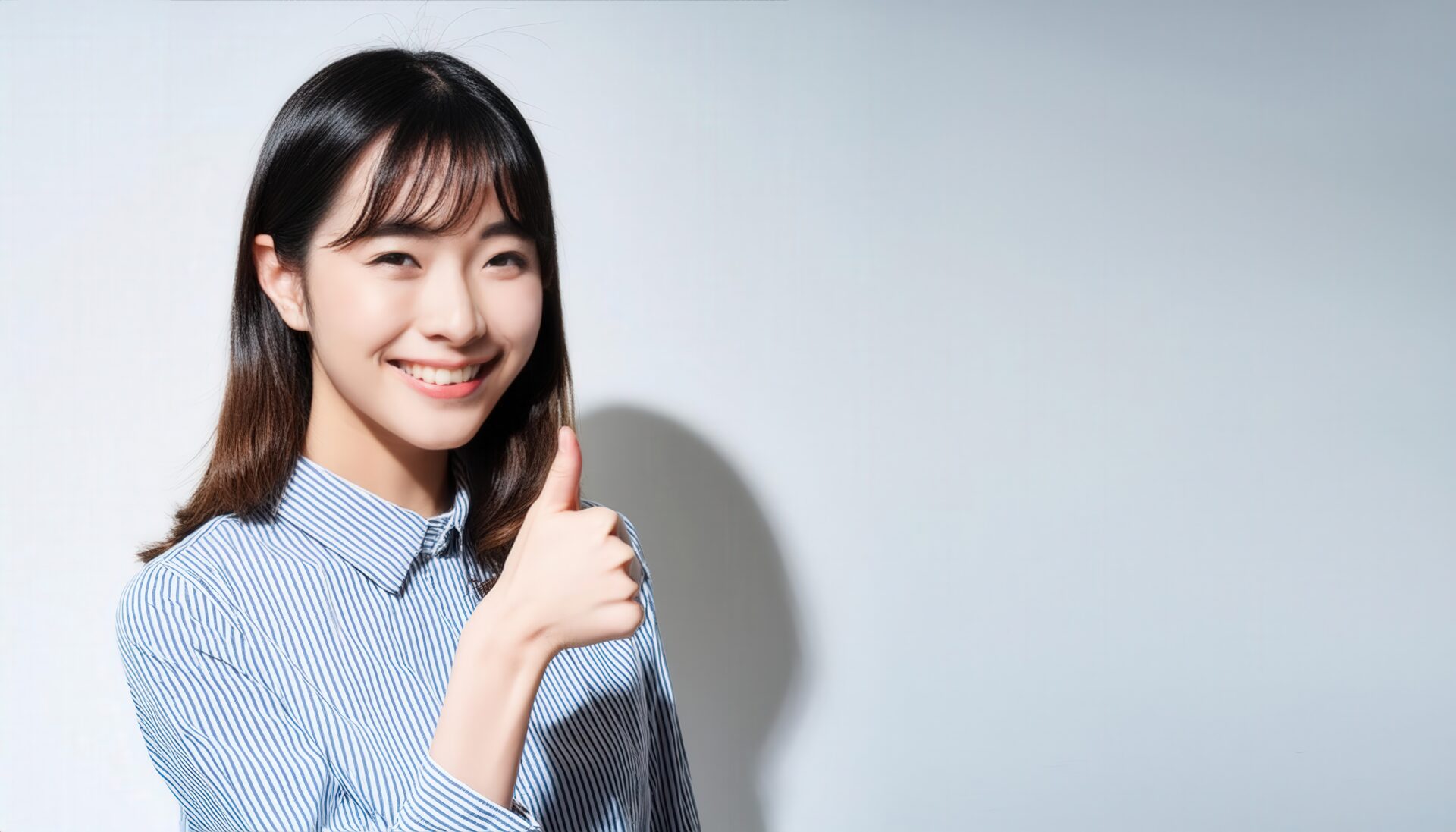 ストライプシャツでグッドサインをしている若い人