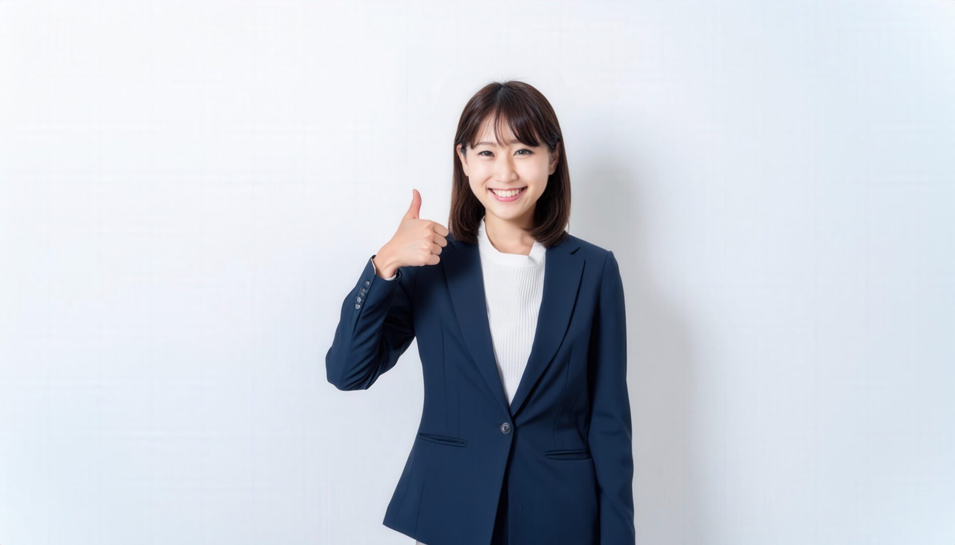 ネイビースーツでグッドサインをしている若い人