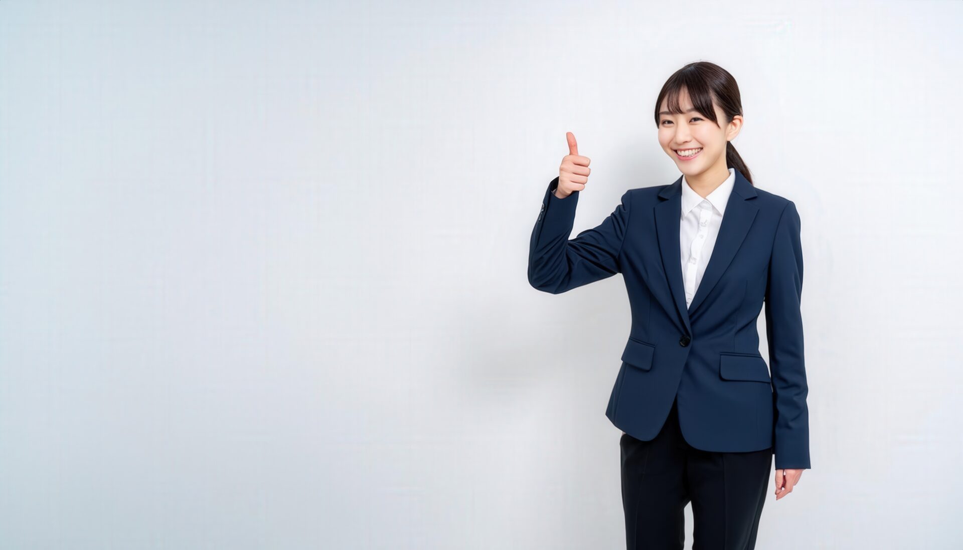 ネイビースーツでグッドサインをしている若い人