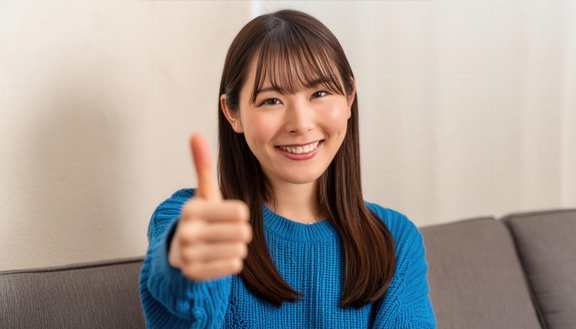 青いセーターでグッドサインをしている若い人