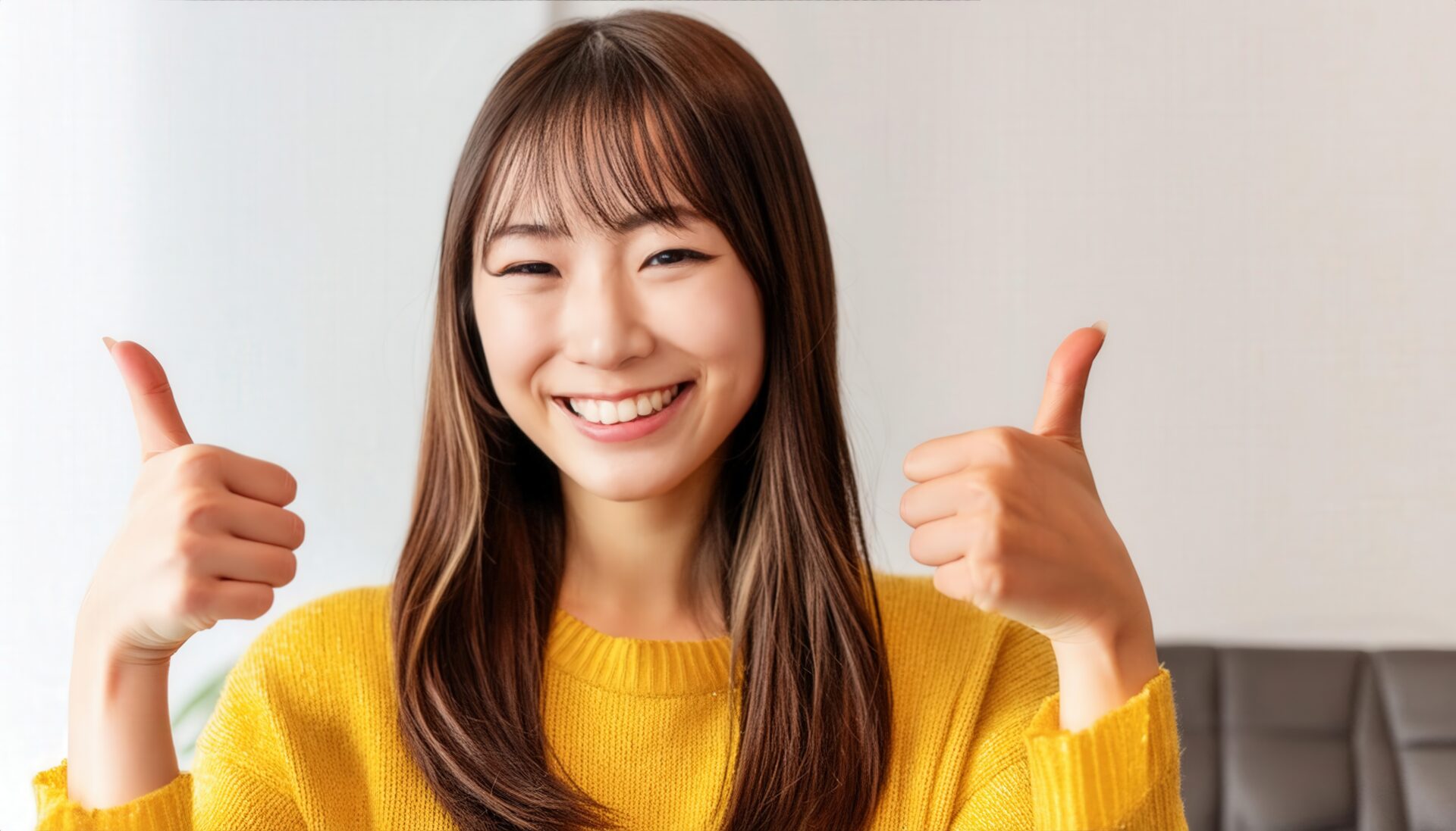 黄色いセーターで両手グッドサインをしている若い人