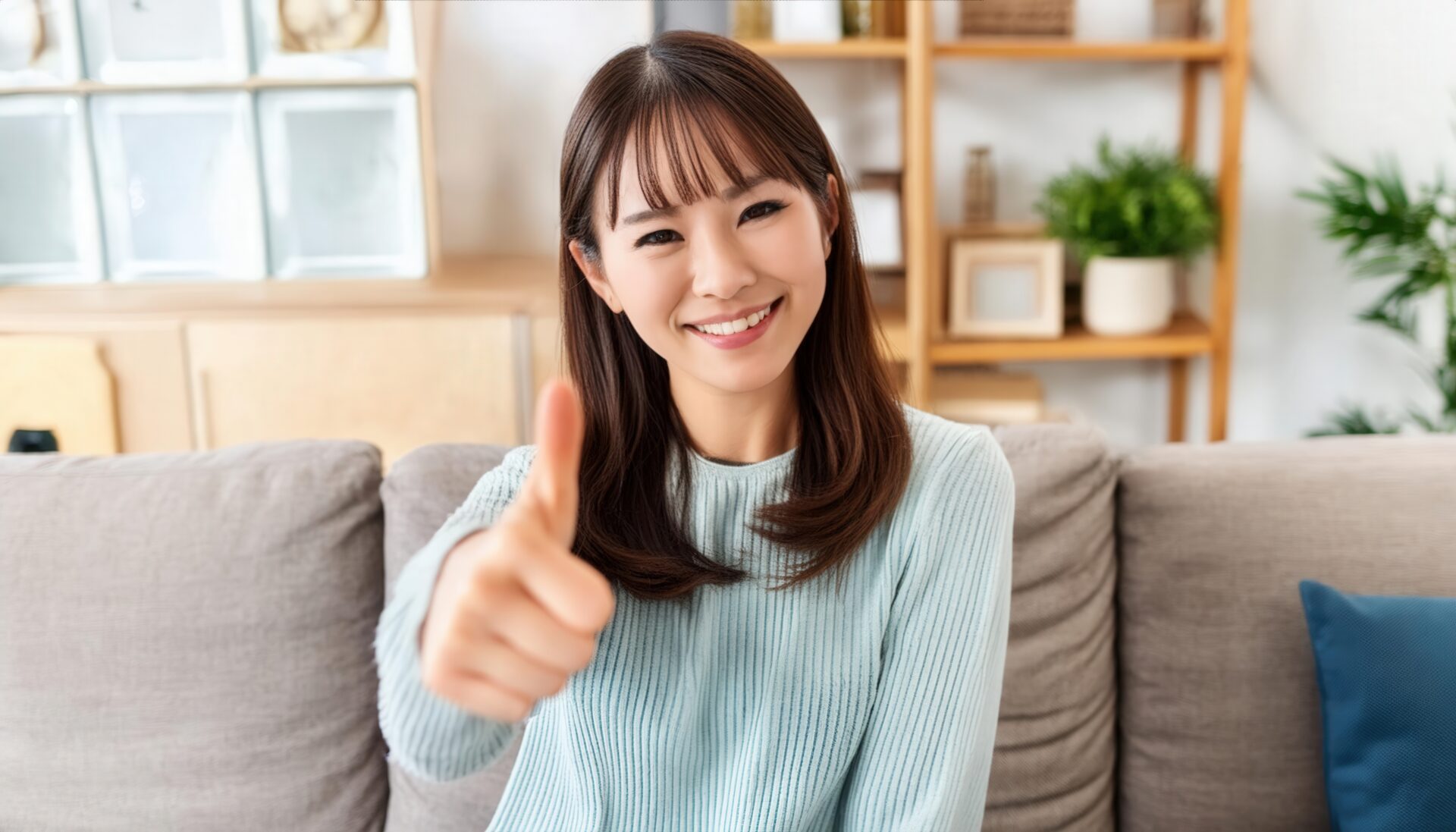 水色のセーターでグッドサインをしている若い人