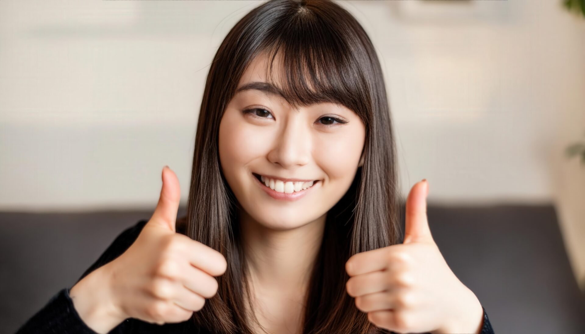 黒いトップスで両手グッドサインをしている若い人