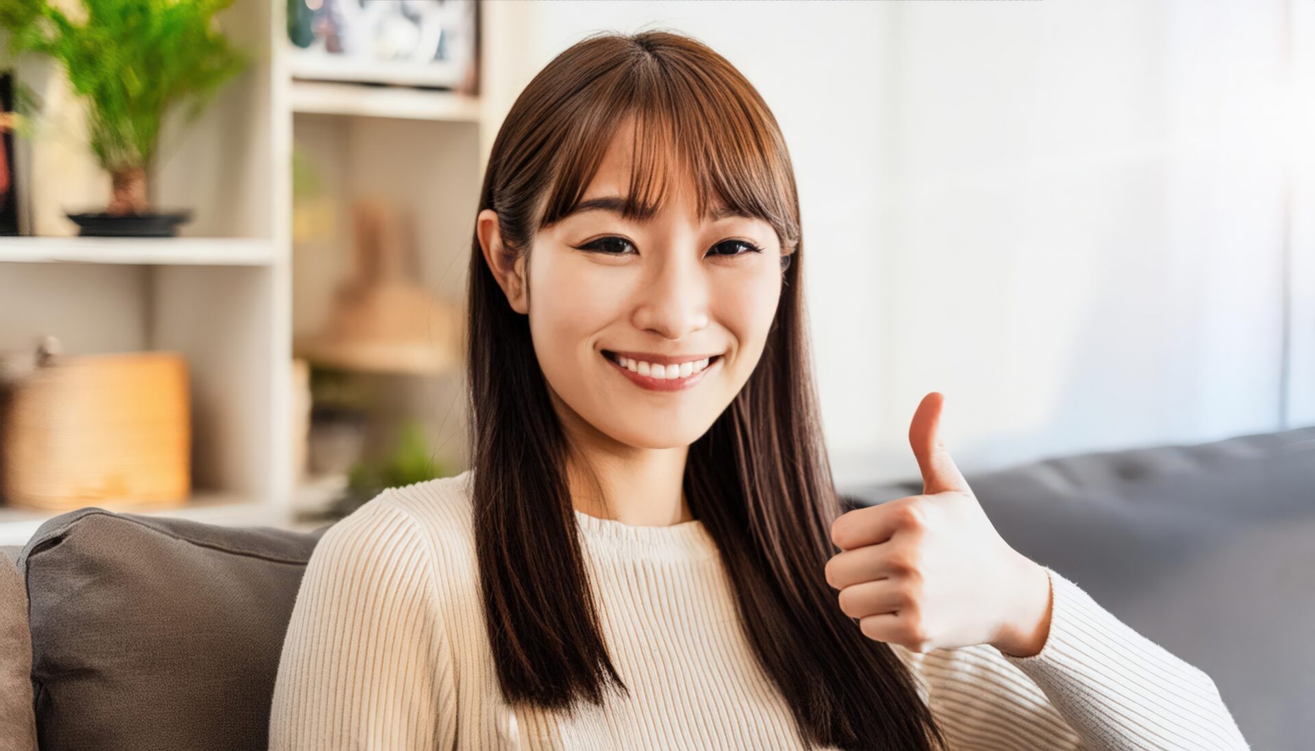 ベージュのトップスでグッドサインをしている若い人
