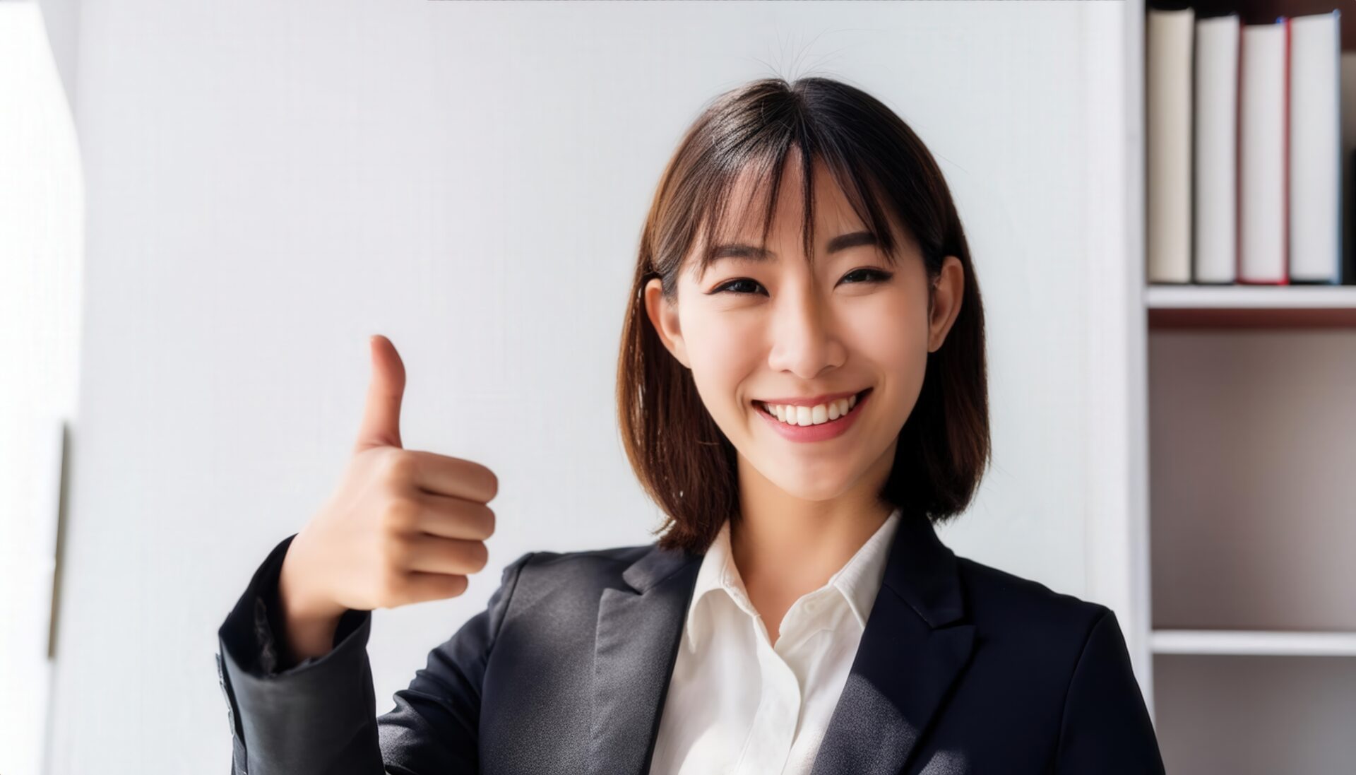 黒いスーツでグッドサインをしている若い人