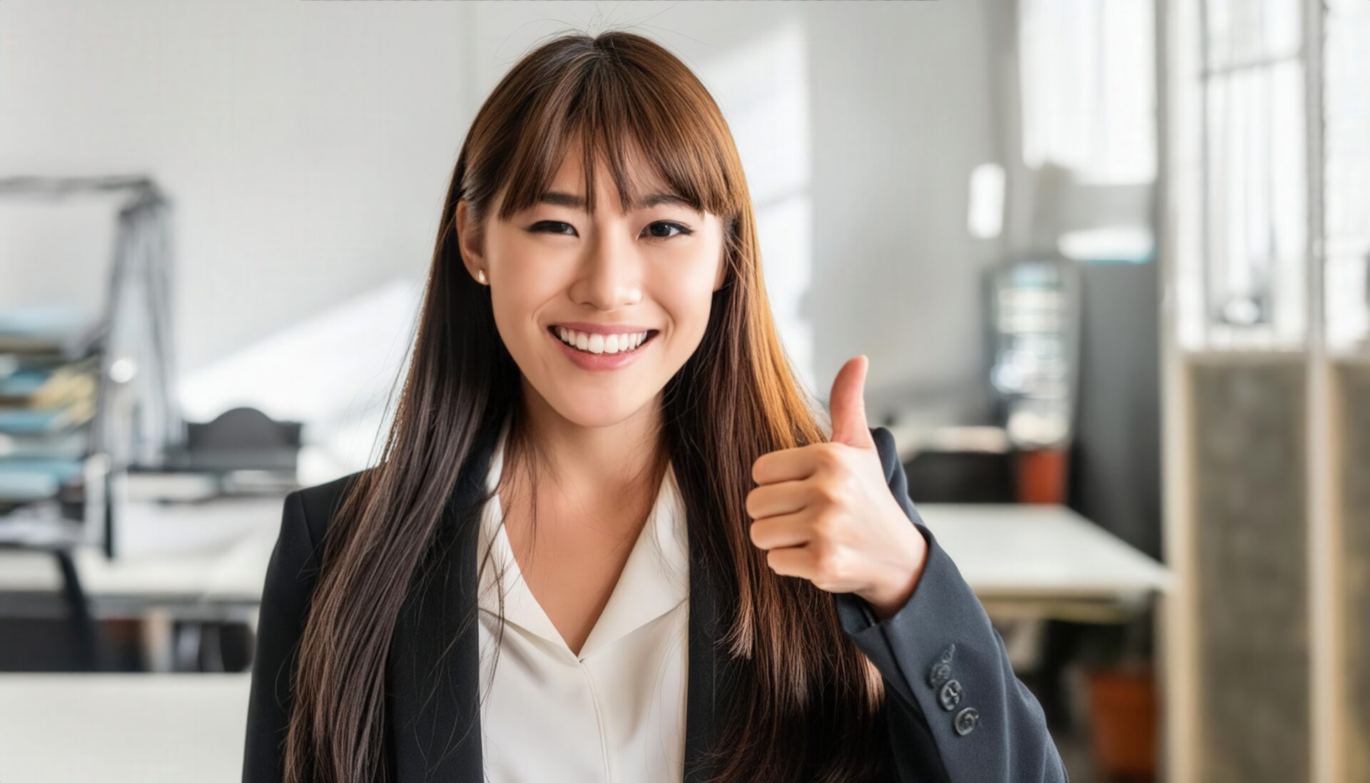 オフィスで親指を立てるビジネスパーソン