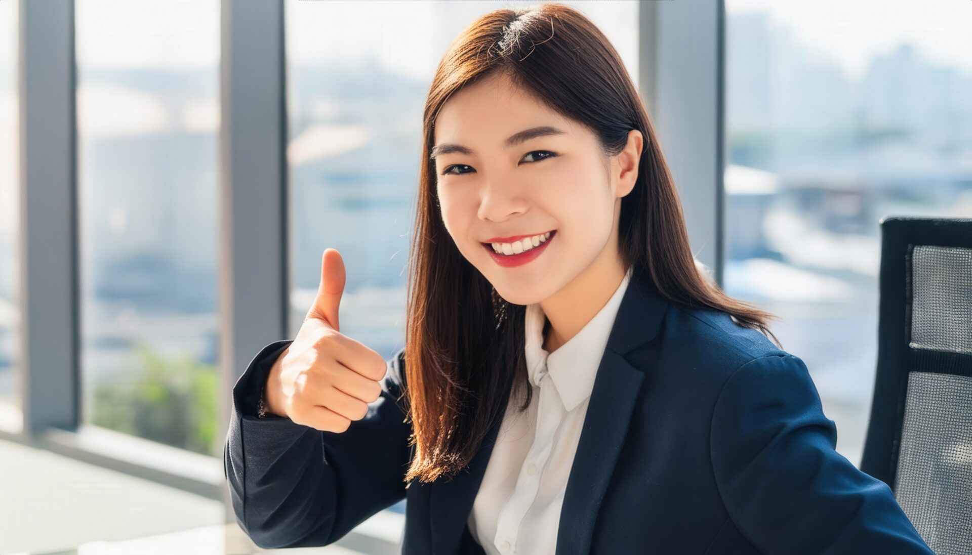 明るいオフィスで親指を立てるビジネスパーソン