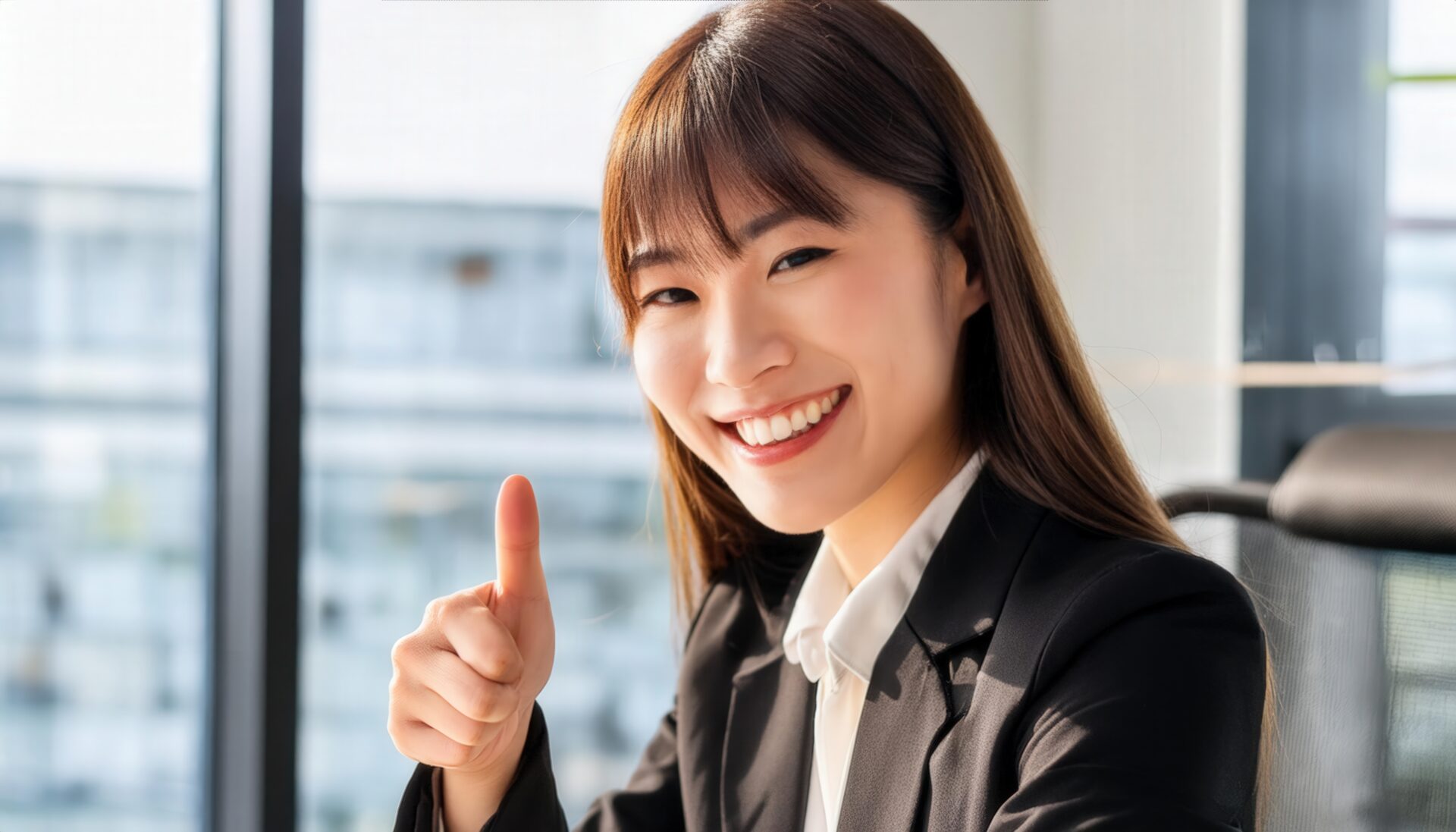 デスクで親指を立てるビジネスパーソン