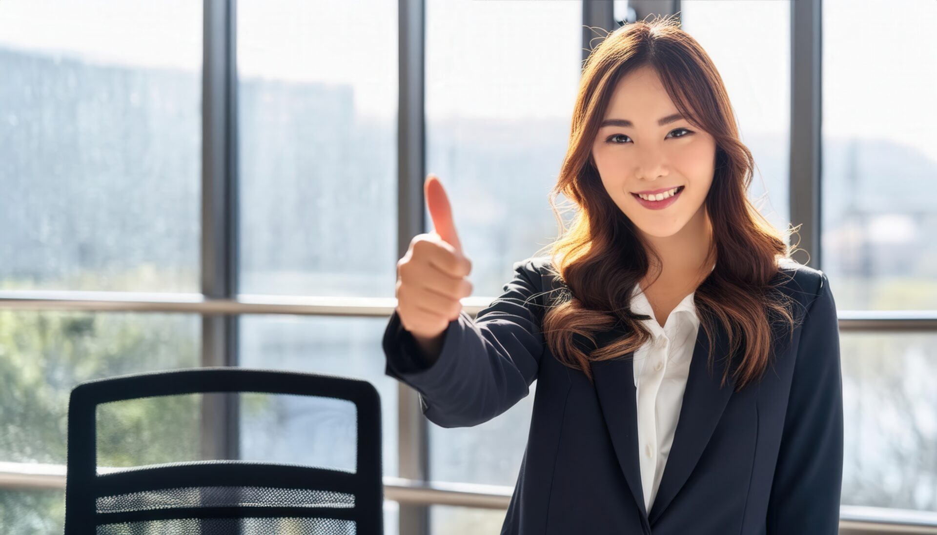 ガラス窓の前で親指を立てるビジネスパーソン