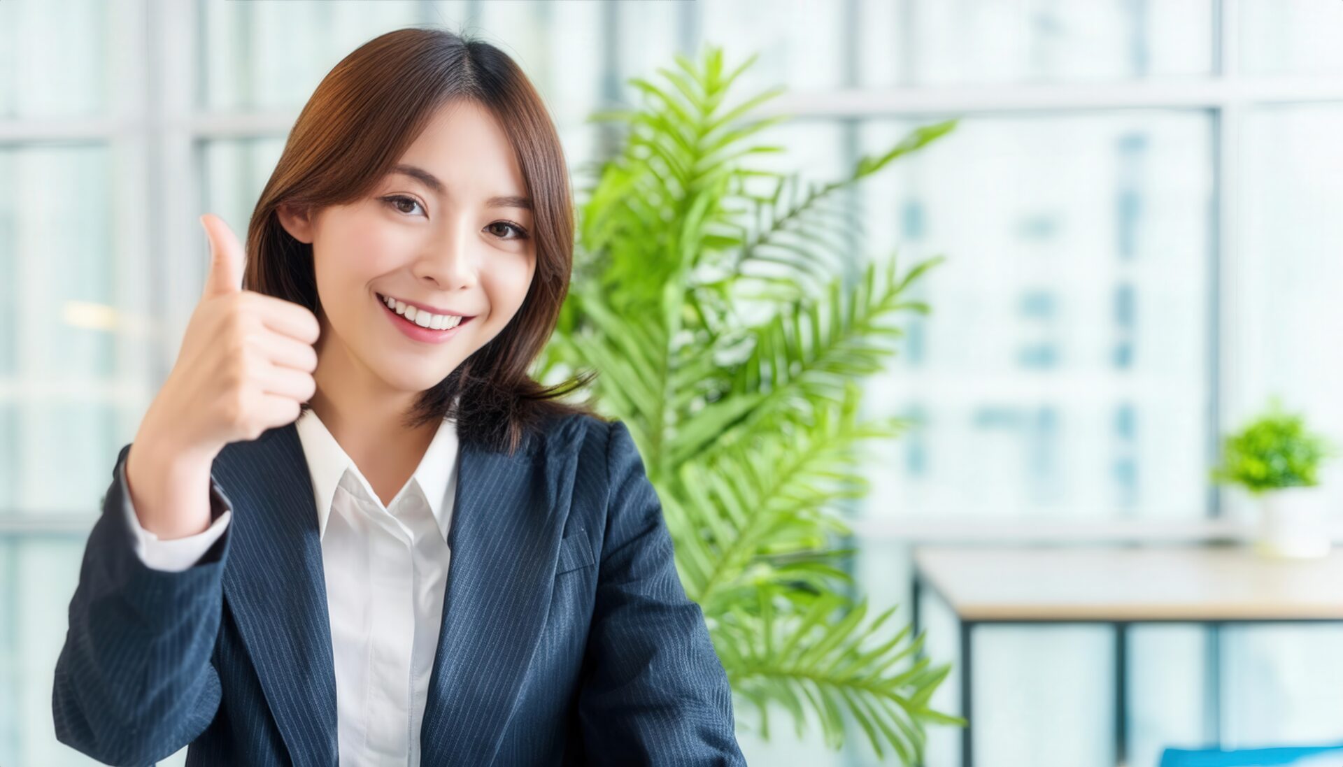 観葉植物のあるオフィスで親指を立てるビジネスパーソン