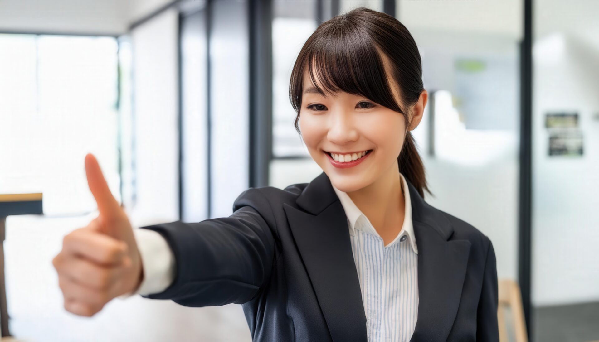 廊下で親指を立てるビジネスパーソン