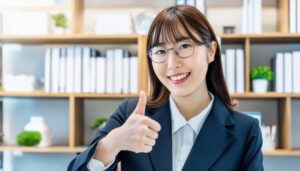 本棚を背景に親指を立てるビジネスパーソン