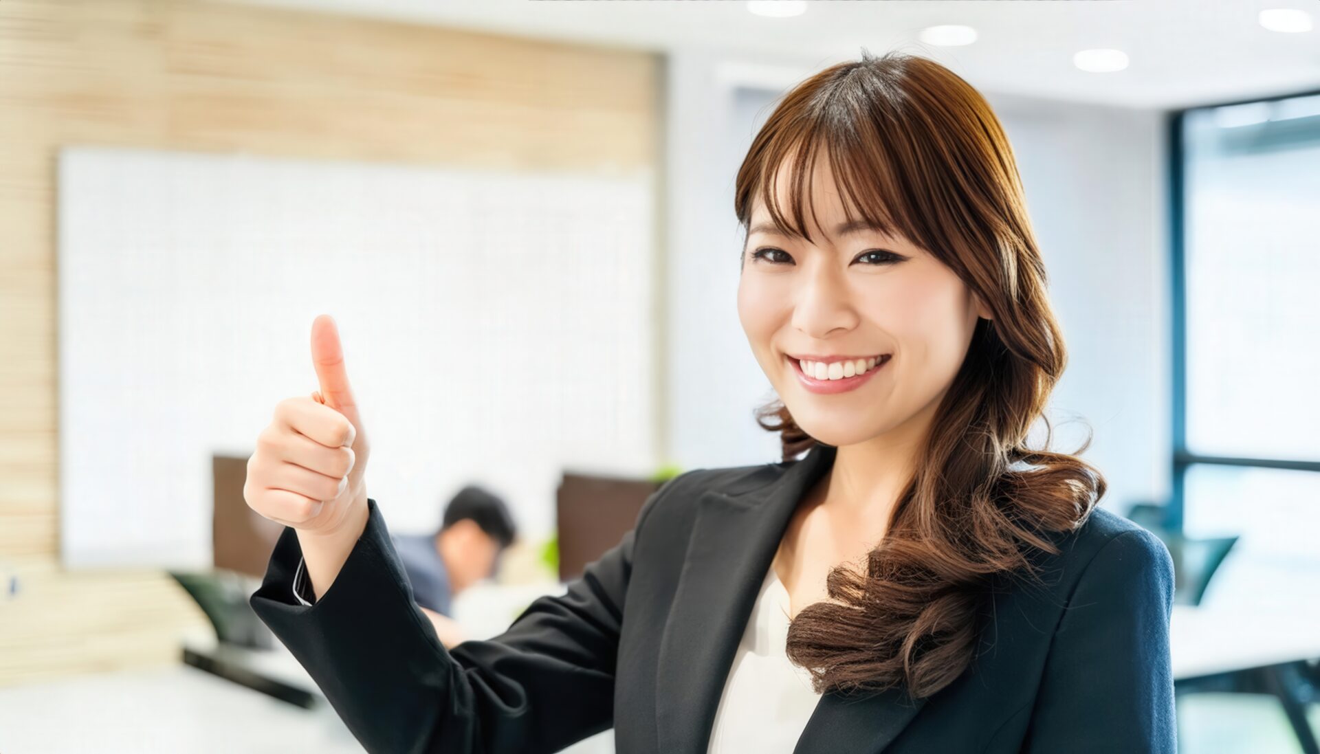 オフィスで親指を立てるビジネスパーソン