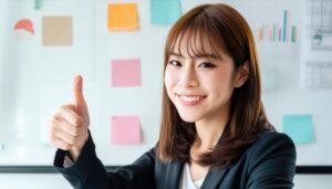 ホワイトボード前で親指を立てるビジネスパーソン