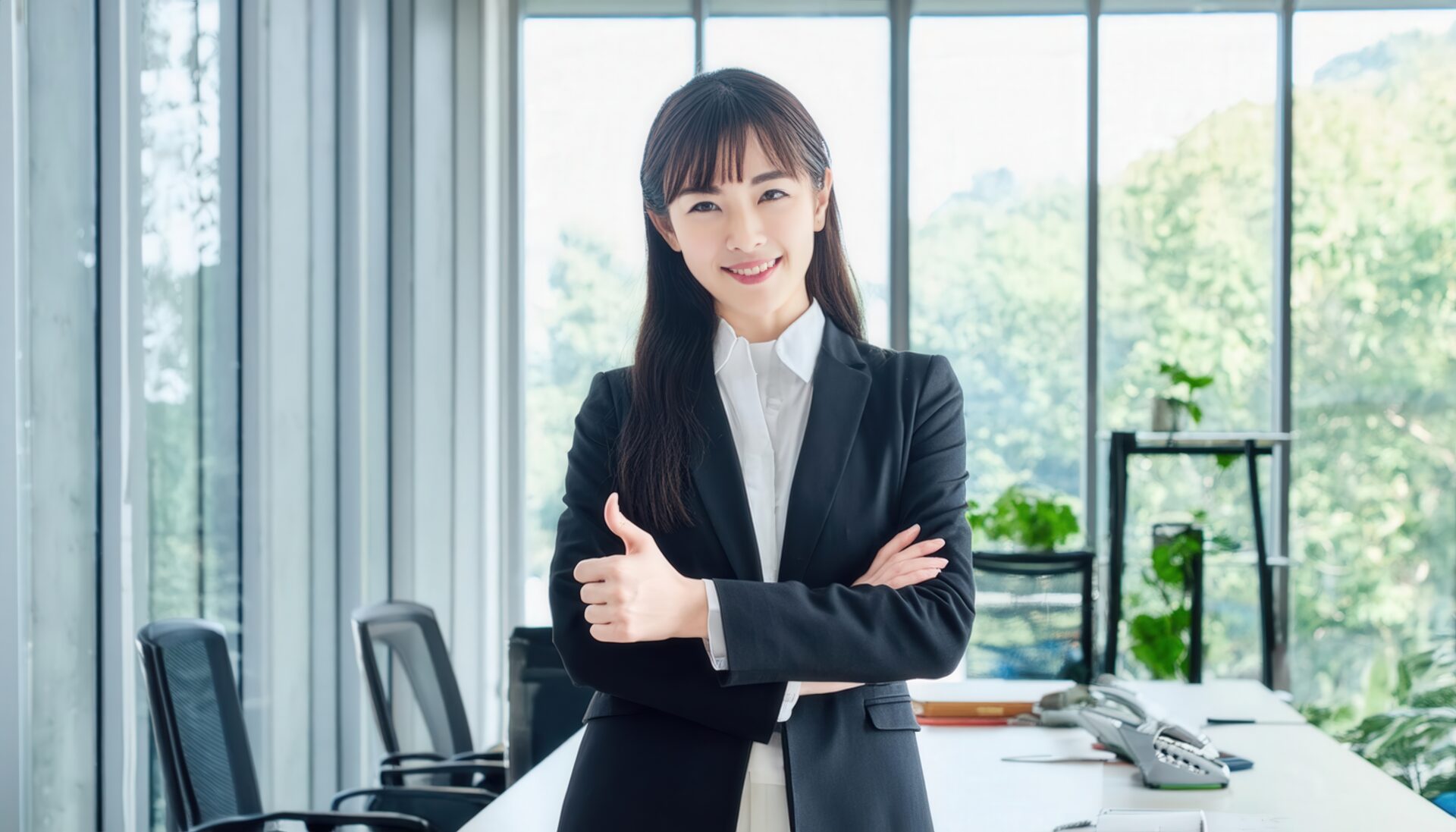 窓際で腕組みしながら親指を立てるビジネスパーソン