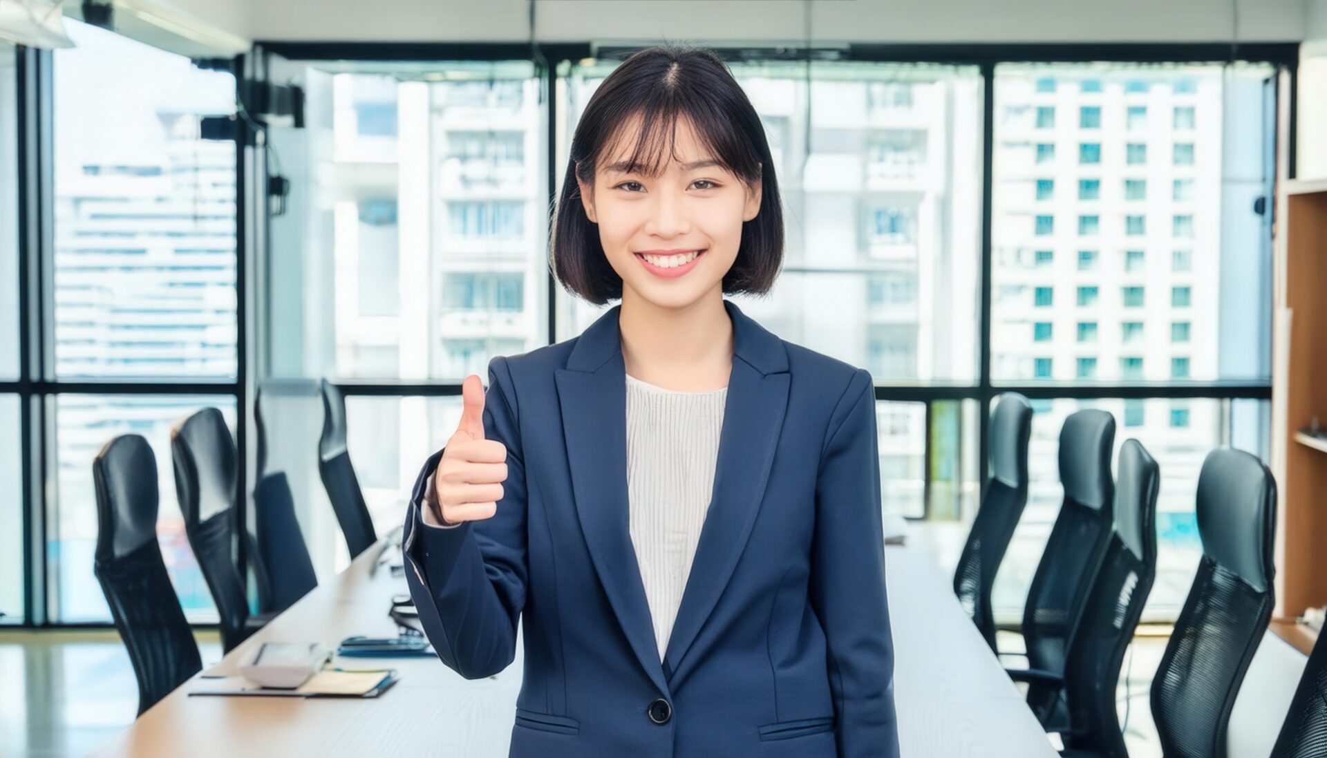 会議室で親指を立てる笑顔の若い女性